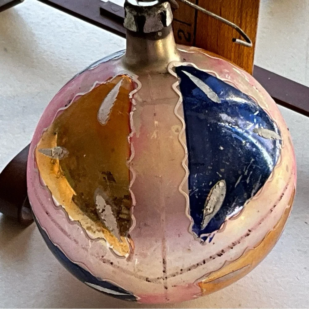 Vintage Mercury(?) Glass Christmas Ornament Hand Painted Blue and Pink